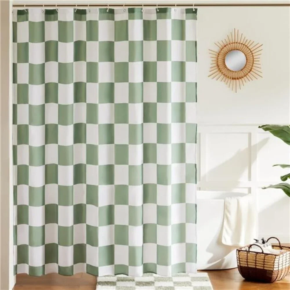 Checkered Shower Curtain, Sage Green Shower Curtains for Bathroom, Cute Retro